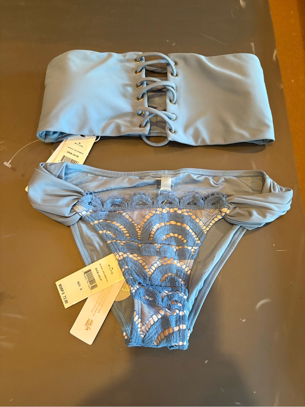 PilyQ Sky Blue Lace Up Bandeau Bikini Set S/M NWT